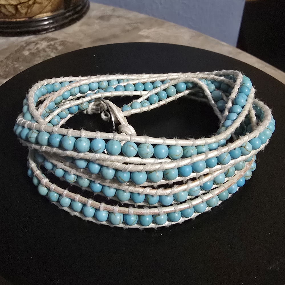 Victoria Emerson Turquoise and Leather Beaded Wrap Bracelet